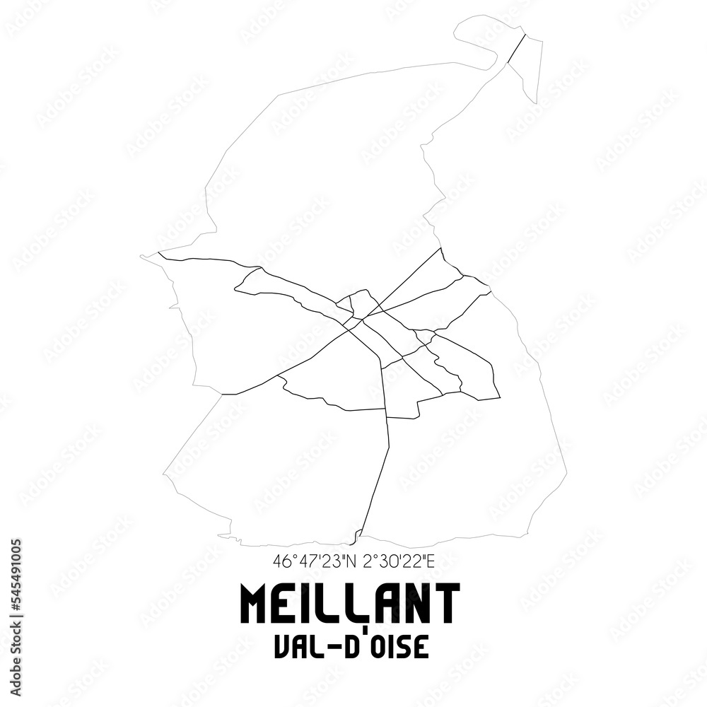 MEILLANT Val-d'Oise. Minimalistic street map with black and white lines. MEILLANT Val-d'Oise. Minimalistic street map with black and white lines.
