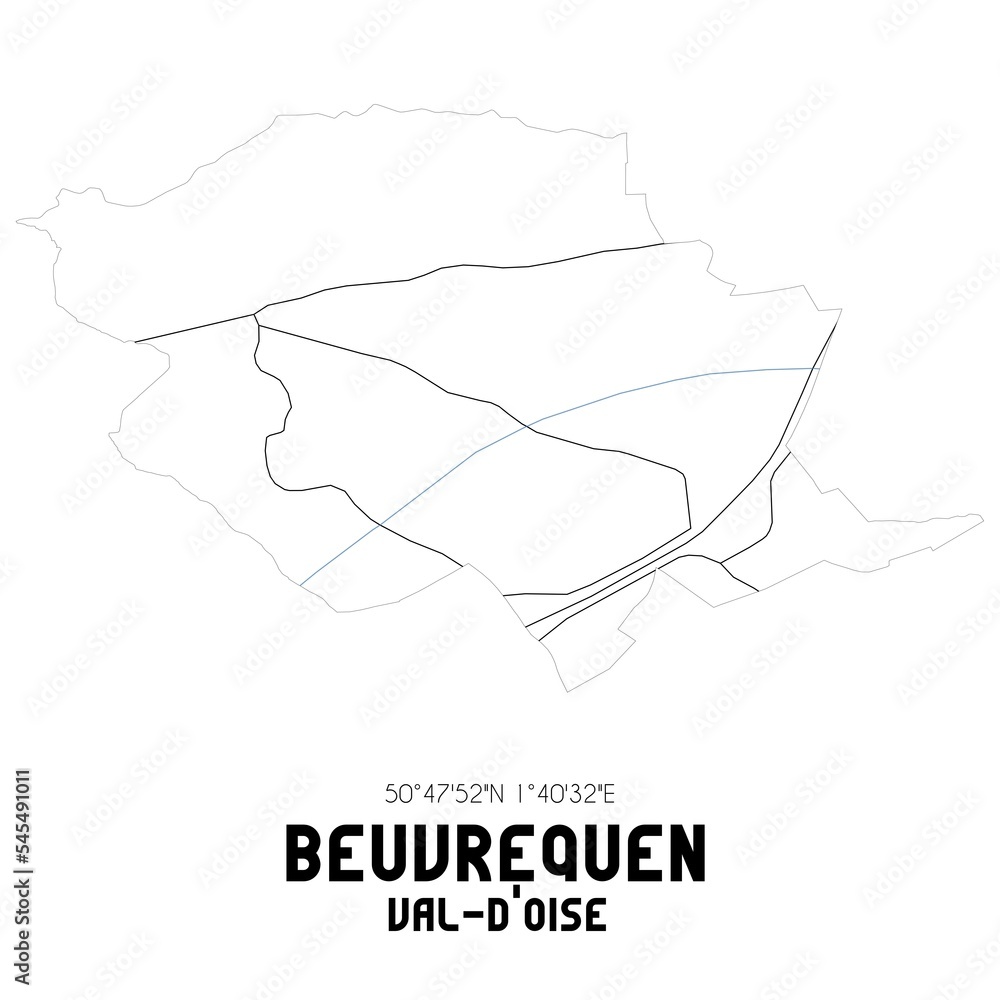 BEUVREQUEN Val-d'Oise. Minimalistic street map with black and white lines. BEUVREQUEN Val-d'Oise. Minimalistic street map with black and white lines.