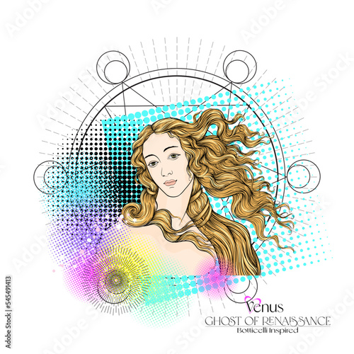 Portrait of a woman inspired by a painting by Renaissance artist Botticelli Birth of Venus. Outline hand drawing vector illustration.