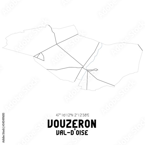 VOUZERON Val-d Oise. Minimalistic street map with black and white lines.
