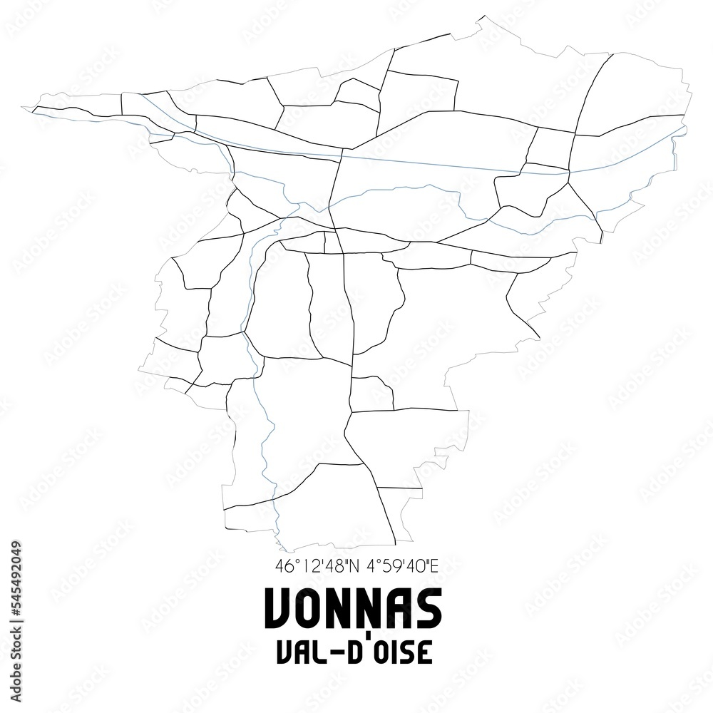 VONNAS Val-d'Oise. Minimalistic street map with black and white lines. VONNAS Val-d'Oise. Minimalistic street map with black and white lines.