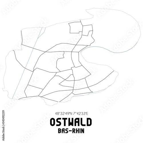 OSTWALD Bas-Rhin. Minimalistic street map with black and white lines.