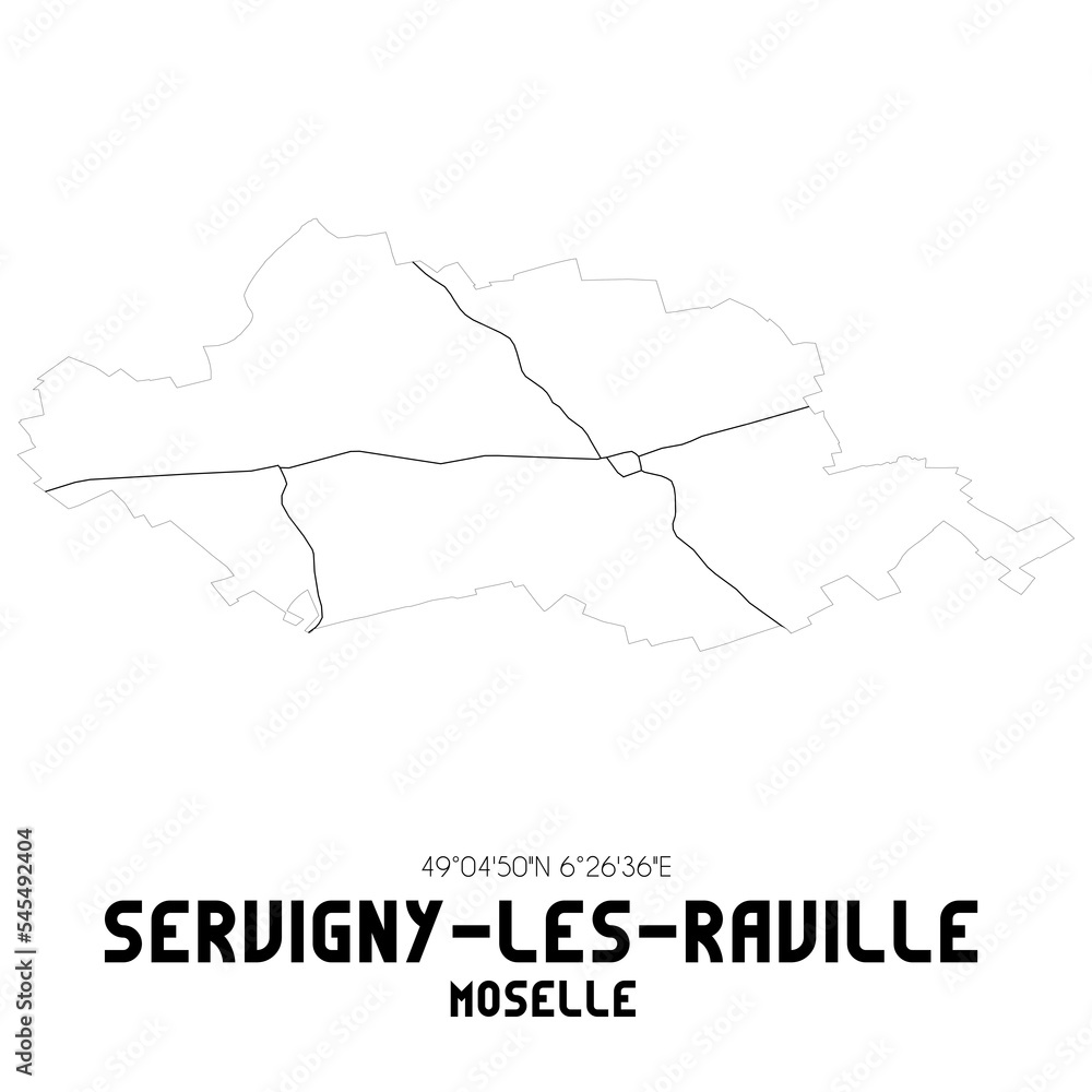 SERVIGNY-LES-RAVILLE Moselle. Minimalistic street map with black and white lines.