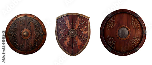 Three intricte ornate medieval wooden shields set. Isolated on transparent background with clipping path.