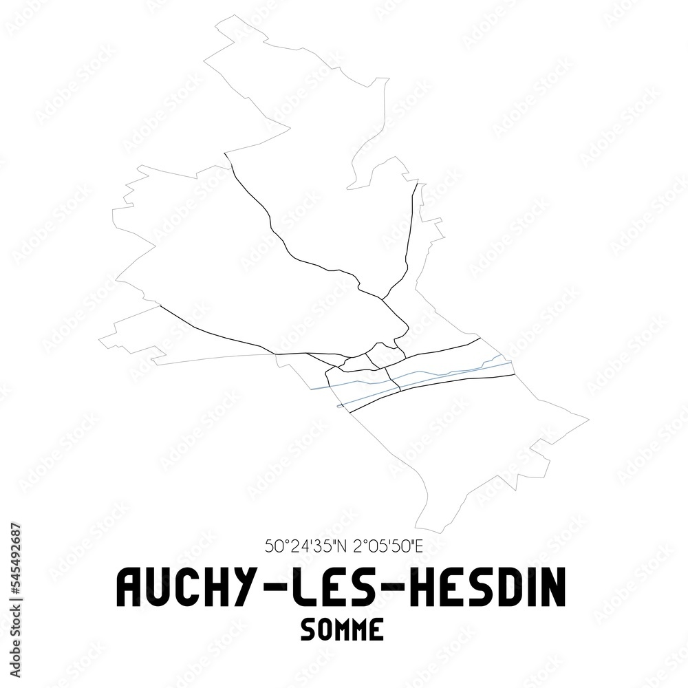 AUCHY-LES-HESDIN Somme. Minimalistic street map with black and white lines.
