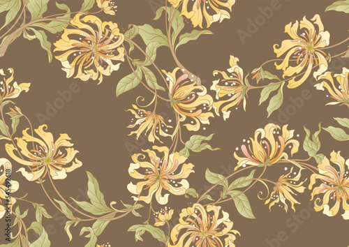 Decorative flowers and leaves in art nouveau style, vintage, old, retro style. Seamless pattern, background. Vector illustration.