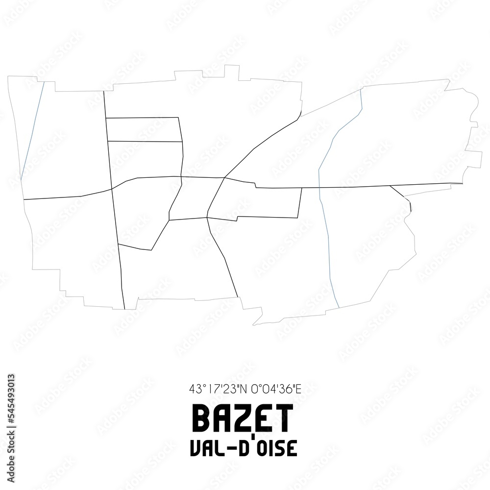 BAZET Val-d'Oise. Minimalistic street map with black and white lines.