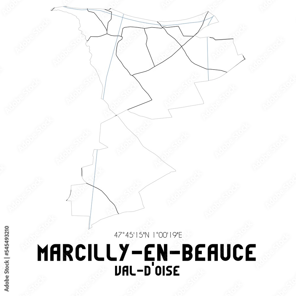 MARCILLY-EN-BEAUCE Val-d'Oise. Minimalistic street map with black and white lines. MARCILLY-EN-BEAUCE Val-d'Oise. Minimalistic street map with black and white lines.