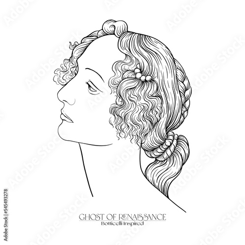 Portrait of a woman inspired by a painting by Renaissance artist Botticelli. Outline hand drawing vector illustration.