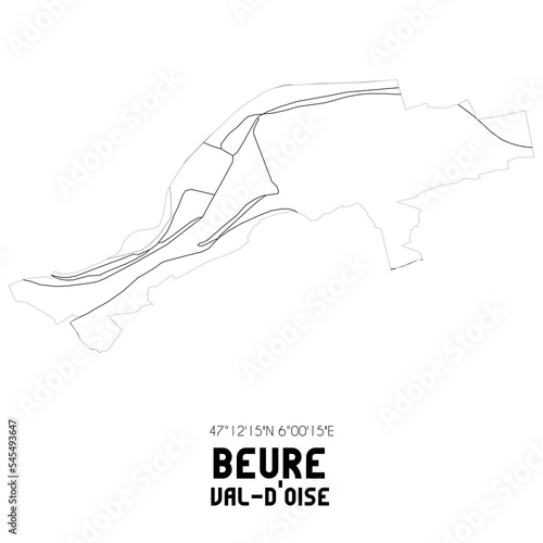 BEURE Val-d'Oise. Minimalistic street map with black and white lines. photo