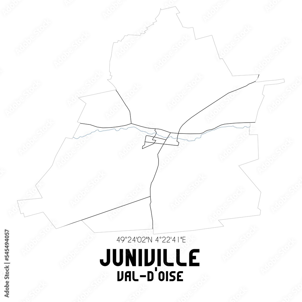 JUNIVILLE Val-d'Oise. Minimalistic street map with black and white lines. JUNIVILLE Val-d'Oise. Minimalistic street map with black and white lines.