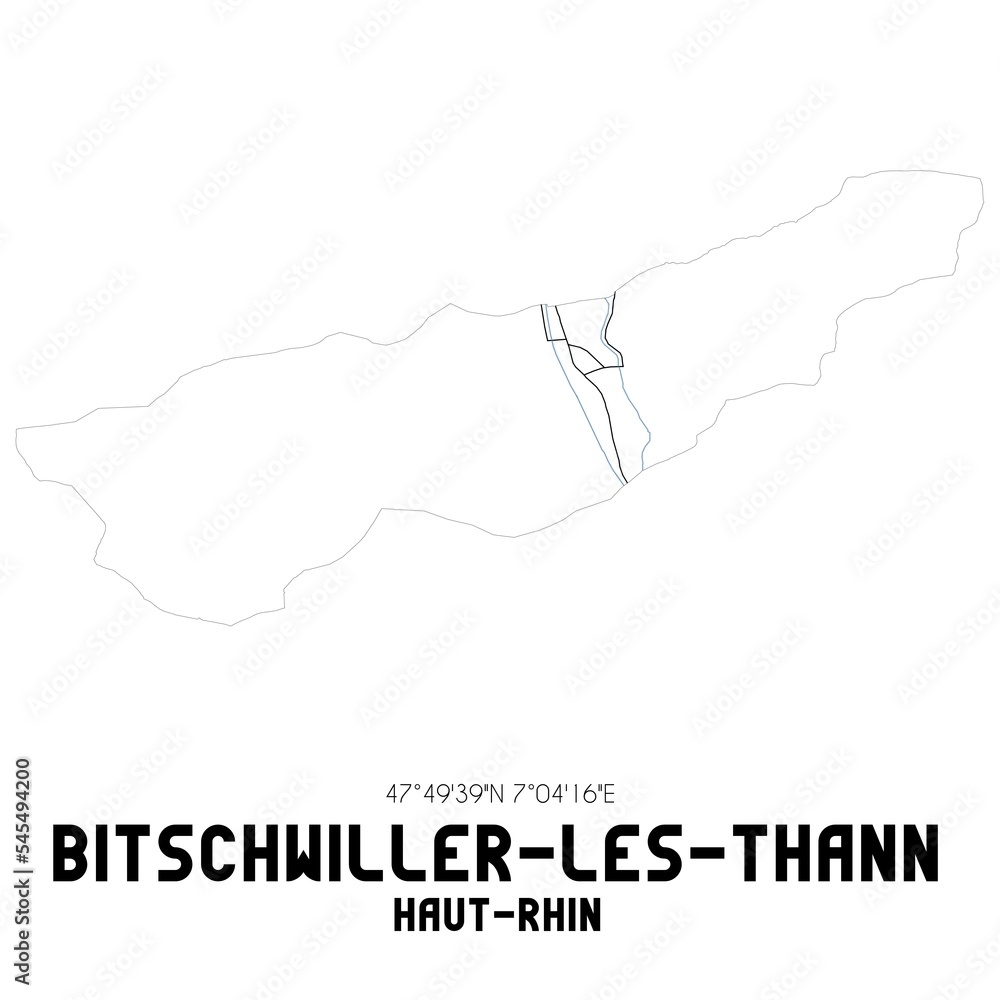 BITSCHWILLER-LES-THANN Haut-Rhin. Minimalistic street map with black and white lines.