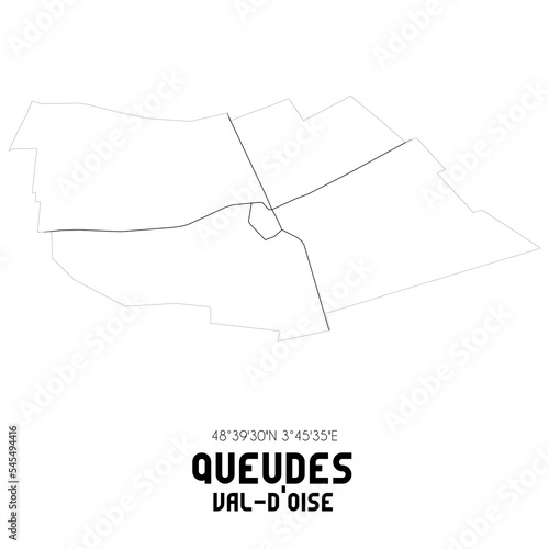 QUEUDES Val-d'Oise. Minimalistic street map with black and white lines.