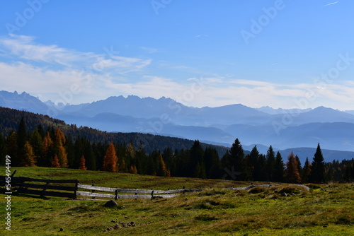 Tableau sur toile Schöne Landschaft auf dem Salten in Südtirol mit Blick zu den Dolomiten