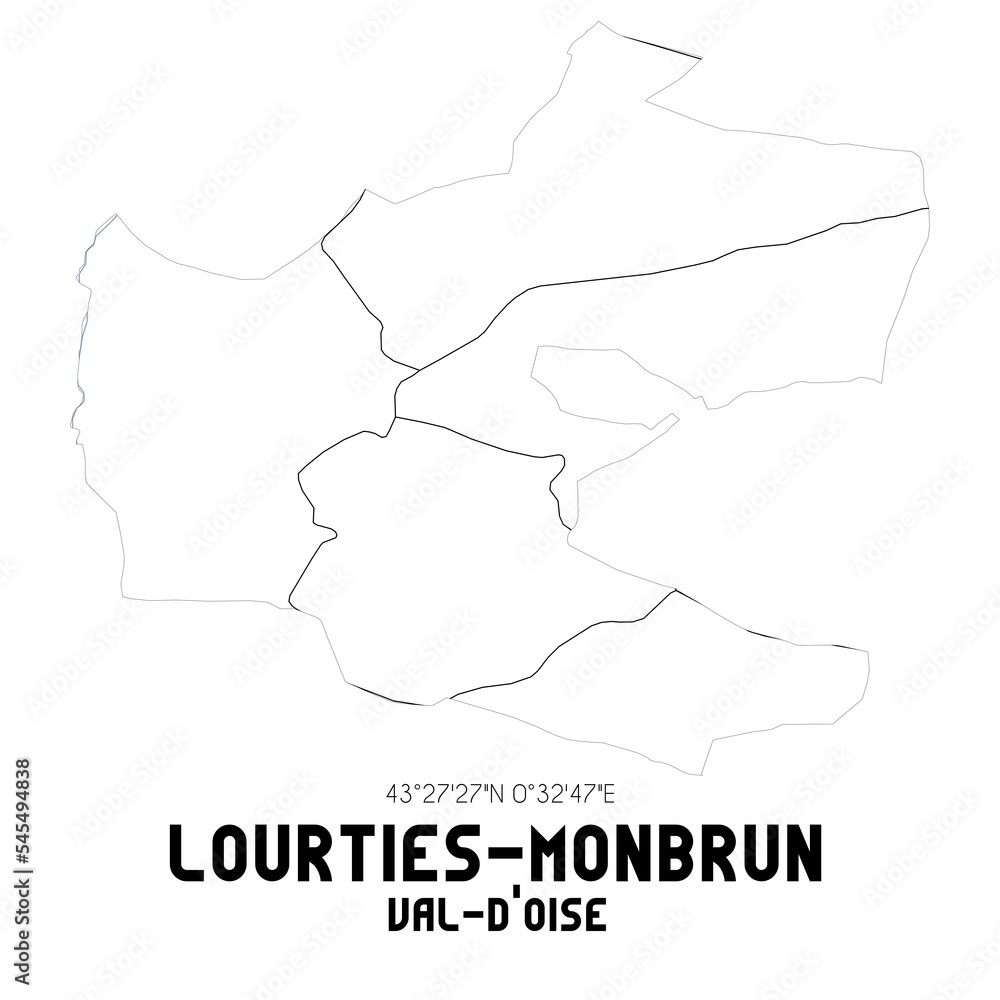 LOURTIES-MONBRUN Val-d'Oise. Minimalistic street map with black and white lines.