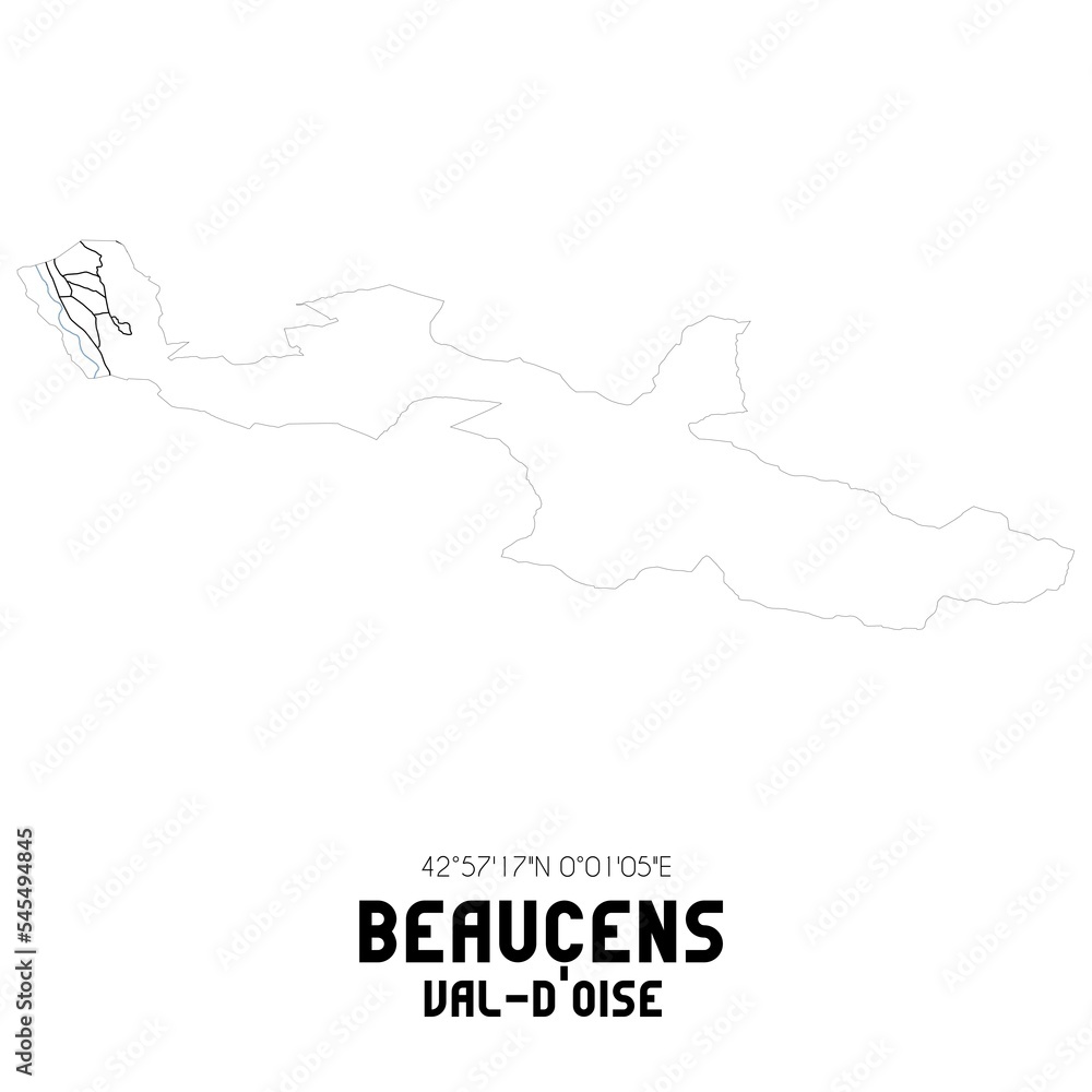 BEAUCENS Val-d'Oise. Minimalistic street map with black and white lines. BEAUCENS Val-d'Oise. Minimalistic street map with black and white lines.