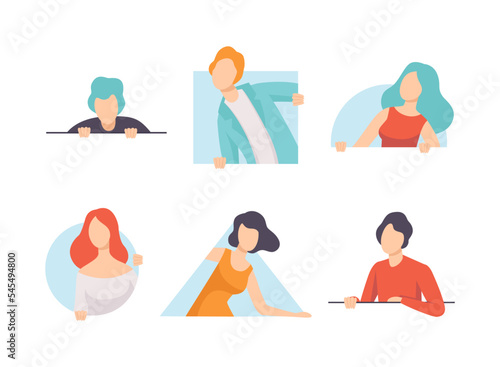 People Character Looking Out of Different Shaped Windows Vector Set