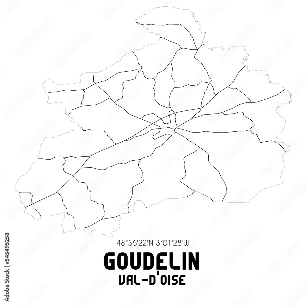 GOUDELIN Val-d'Oise. Minimalistic street map with black and white lines. GOUDELIN Val-d'Oise. Minimalistic street map with black and white lines.
