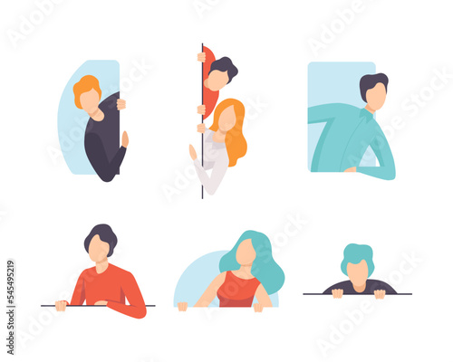 People Character Looking Out of Different Shaped Windows Vector Set
