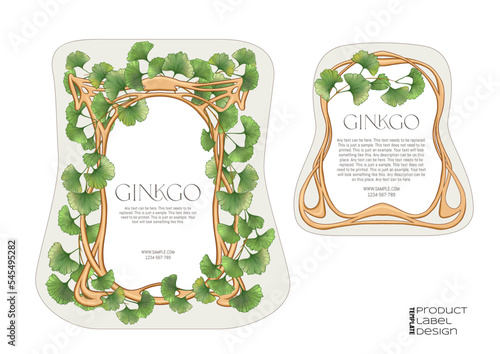 Ginkgo biloba leaves. Border, art nouveau frame, template for product label, cosmetic packaging. Easy to edit. Vector illustration. In botanical style