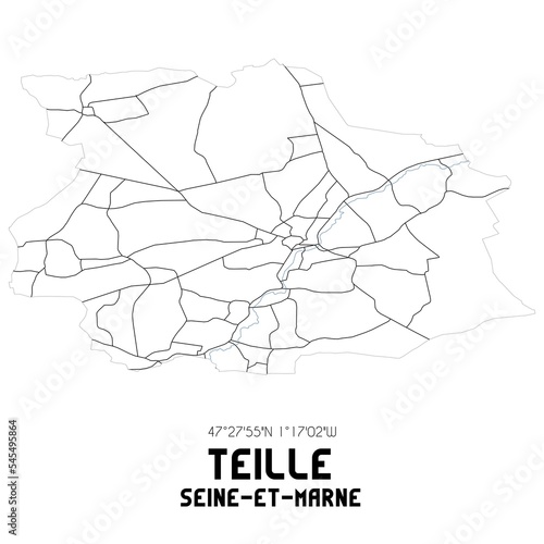 TEILLE Seine-et-Marne. Minimalistic street map with black and white lines.