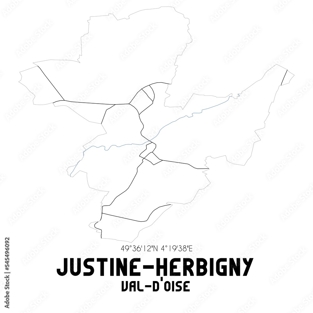 JUSTINE-HERBIGNY Val-d'Oise. Minimalistic street map with black and white lines. JUSTINE-HERBIGNY Val-d'Oise. Minimalistic street map with black and white lines.
