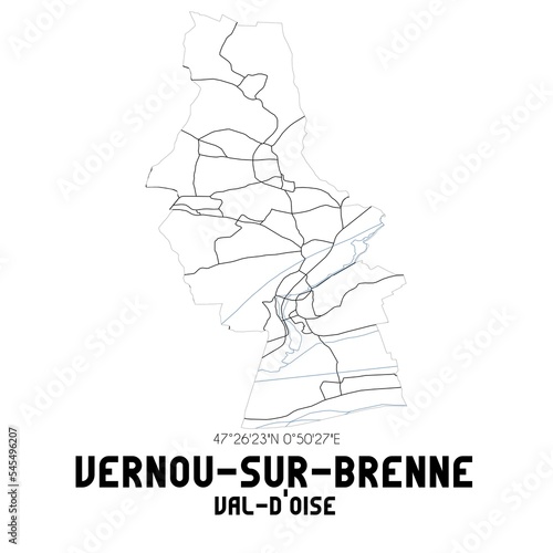 VERNOU-SUR-BRENNE Val-d'Oise. Minimalistic street map with black and white lines.