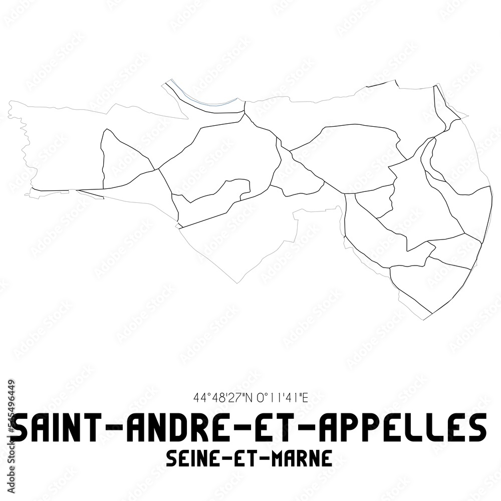 SAINT-ANDRE-ET-APPELLES Seine-et-Marne. Minimalistic street map with black and white lines. SAINT-ANDRE-ET-APPELLES Seine-et-Marne. Minimalistic street map with black and white lines.