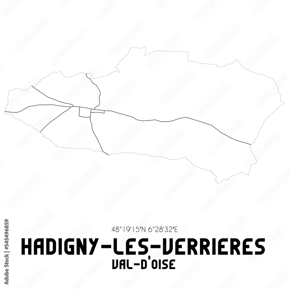 HADIGNY-LES-VERRIERES Val-d'Oise. Minimalistic street map with black and white lines. HADIGNY-LES-VERRIERES Val-d'Oise. Minimalistic street map with black and white lines.