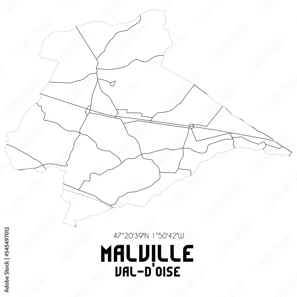 MALVILLE Val-d'Oise. Minimalistic street map with black and white lines. MALVILLE Val-d'Oise. Minimalistic street map with black and white lines.