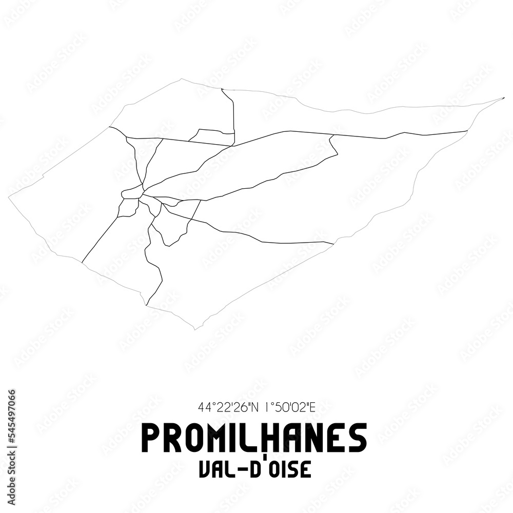 PROMILHANES Val-d'Oise. Minimalistic street map with black and white lines. PROMILHANES Val-d'Oise. Minimalistic street map with black and white lines.