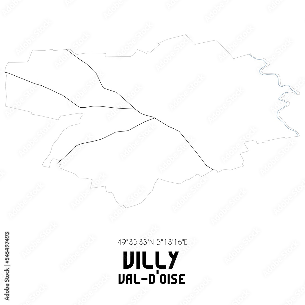 VILLY Val-d'Oise. Minimalistic street map with black and white lines.
