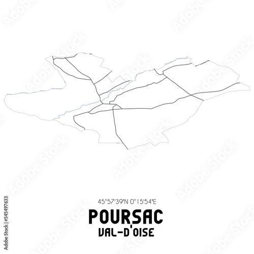 POURSAC Val-d Oise. Minimalistic street map with black and white lines.