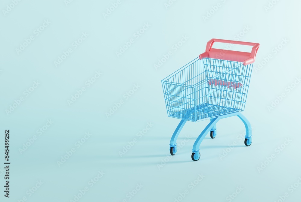 Shopping cart on a blue background. Black friday, sale, big shopping concept. Buying gifts for the holidays. 3D render, 3D illustration.