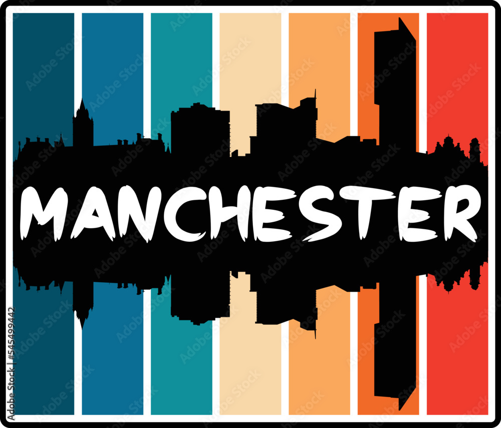 Manchester England Skyline Sunset Travel Souvenir Sticker Logo Badge Stamp Emblem Coat of Arms Vector Illustration EPS