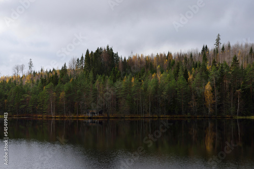 Lake with reflections in Finland.Autumn landscape.