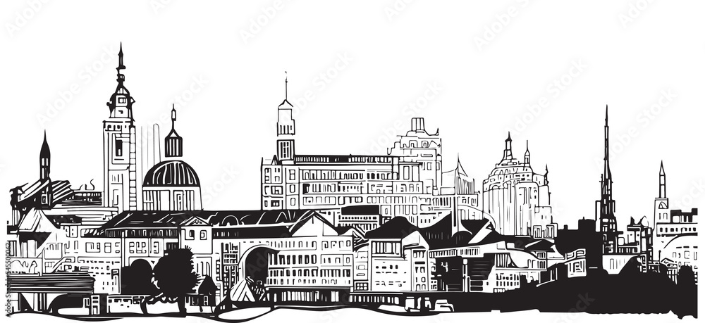 City building silhouette sketch hand drawn in doodle style Vector illustration.