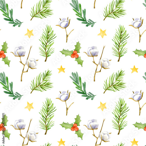 Watercolor seamless Christmas pattern. Hand-drawn illustration isolated on the white background