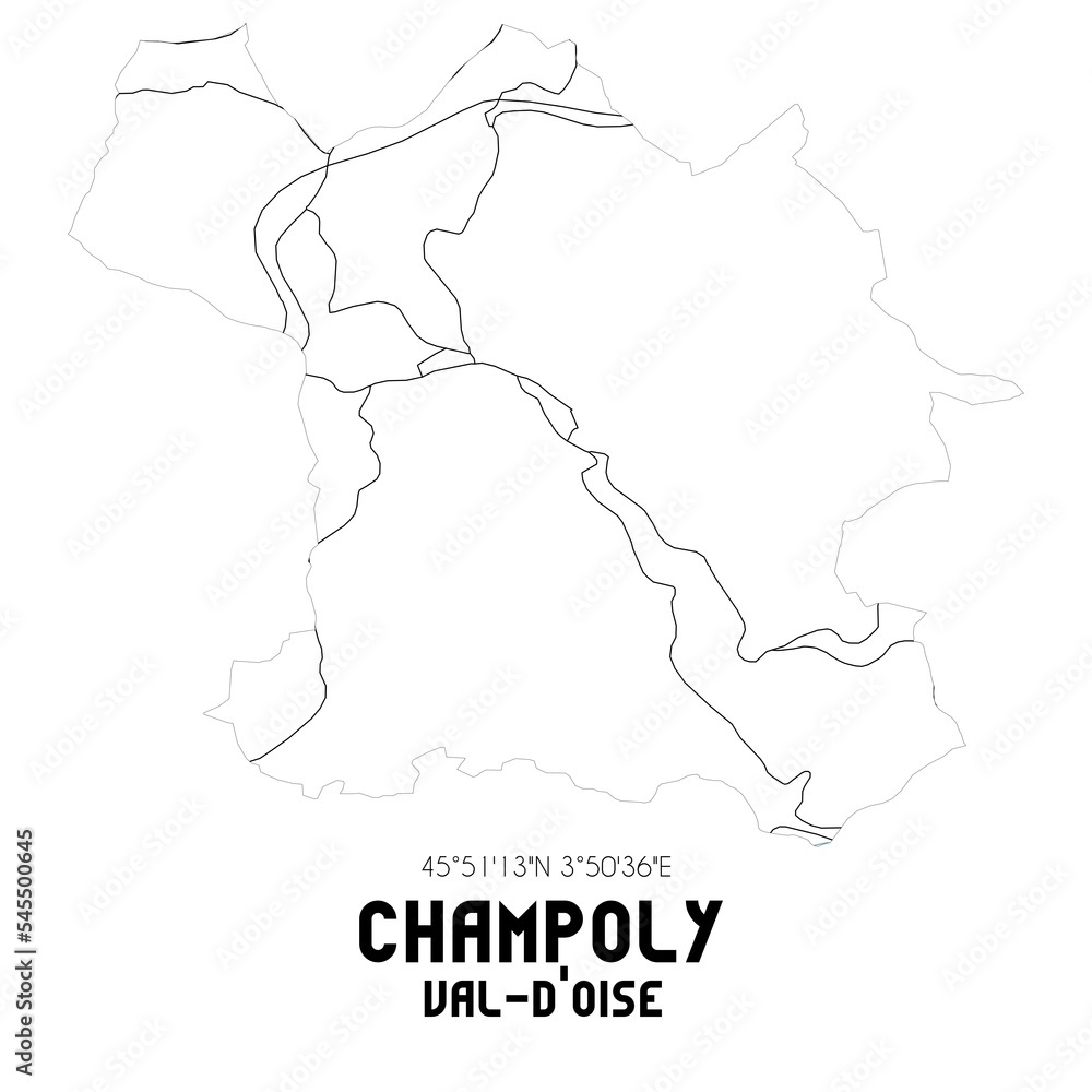 CHAMPOLY Val-d'Oise. Minimalistic street map with black and white lines.