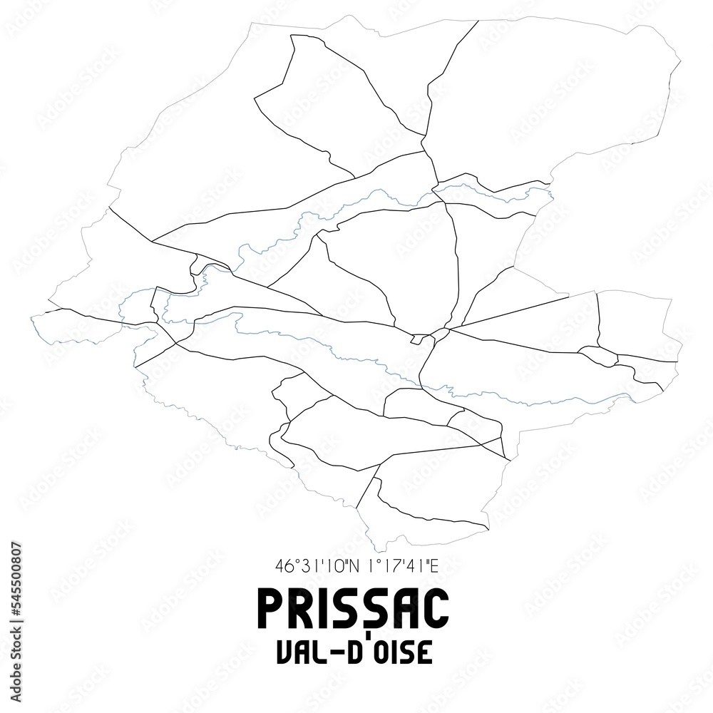 PRISSAC Val-d'Oise. Minimalistic street map with black and white lines. PRISSAC Val-d'Oise. Minimalistic street map with black and white lines.