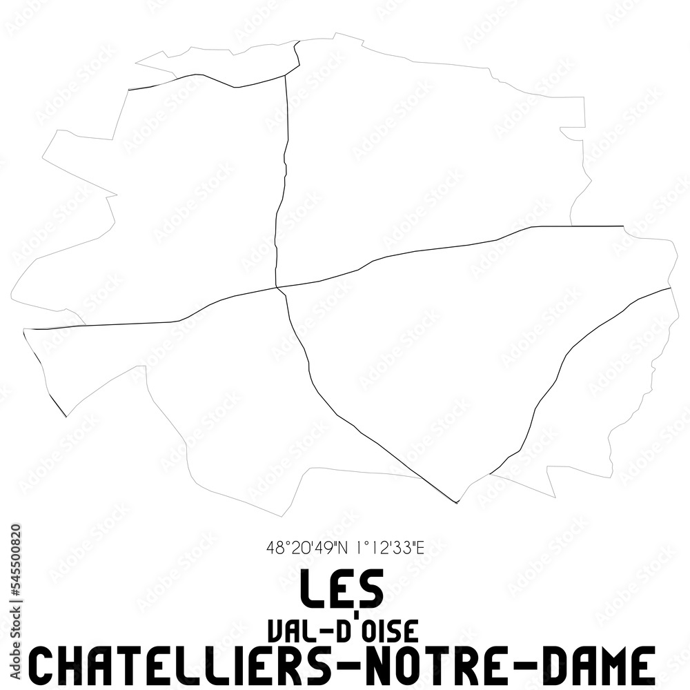 LES CHATELLIERS-NOTRE-DAME Val-d'Oise. Minimalistic street map with black and white lines. LES CHATELLIERS-NOTRE-DAME Val-d'Oise. Minimalistic street map with black and white lines.