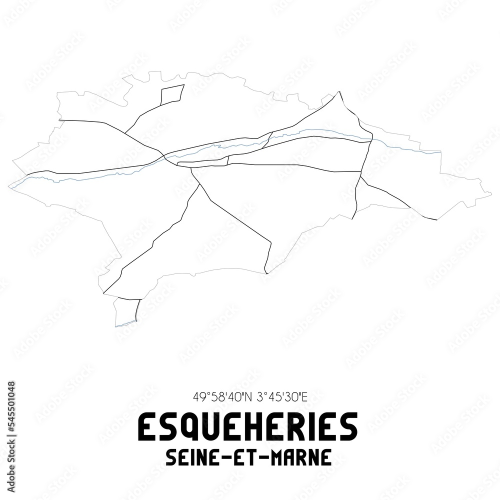ESQUEHERIES Seine-et-Marne. Minimalistic street map with black and white lines.