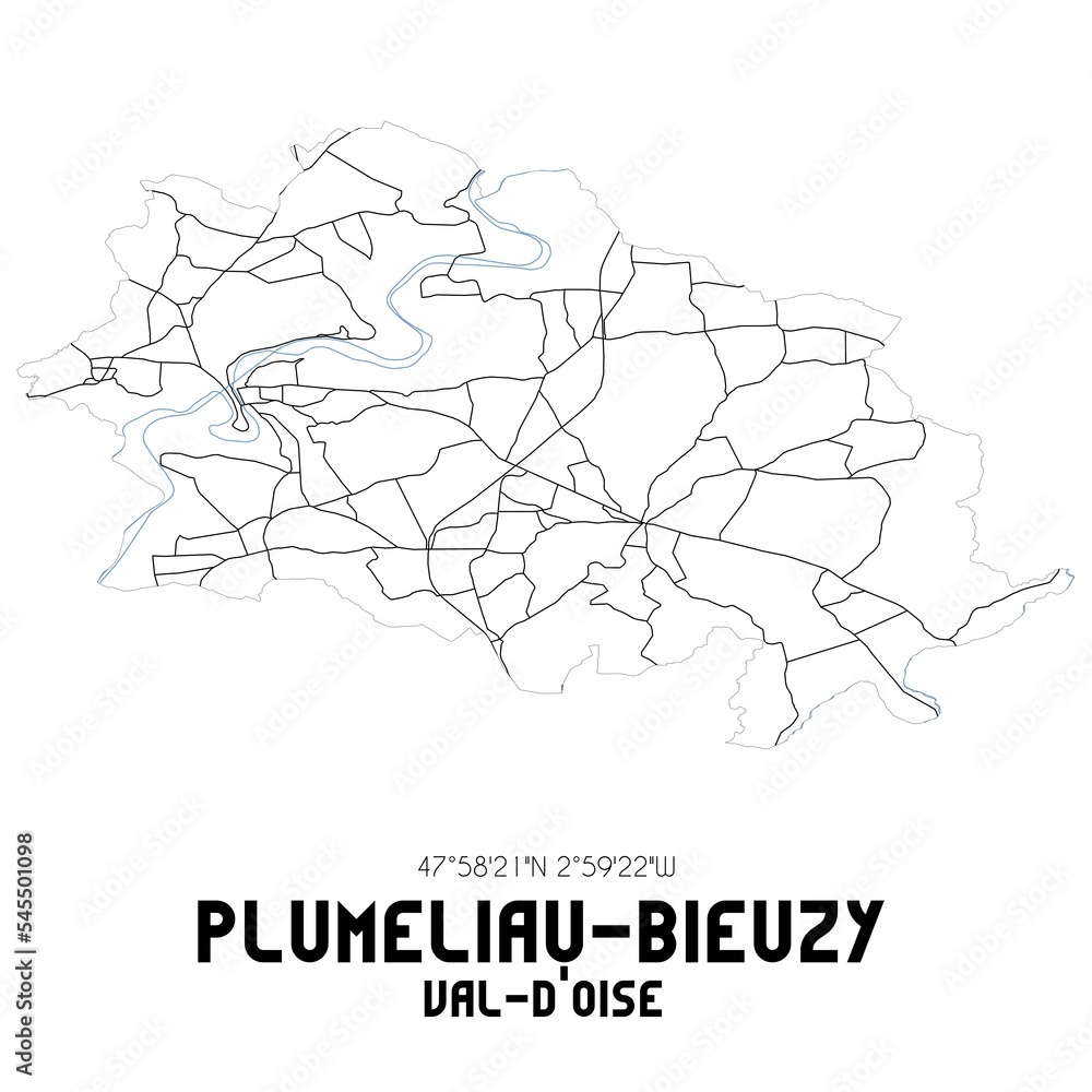 PLUMELIAU-BIEUZY Val-d'Oise. Minimalistic street map with black and white lines.
