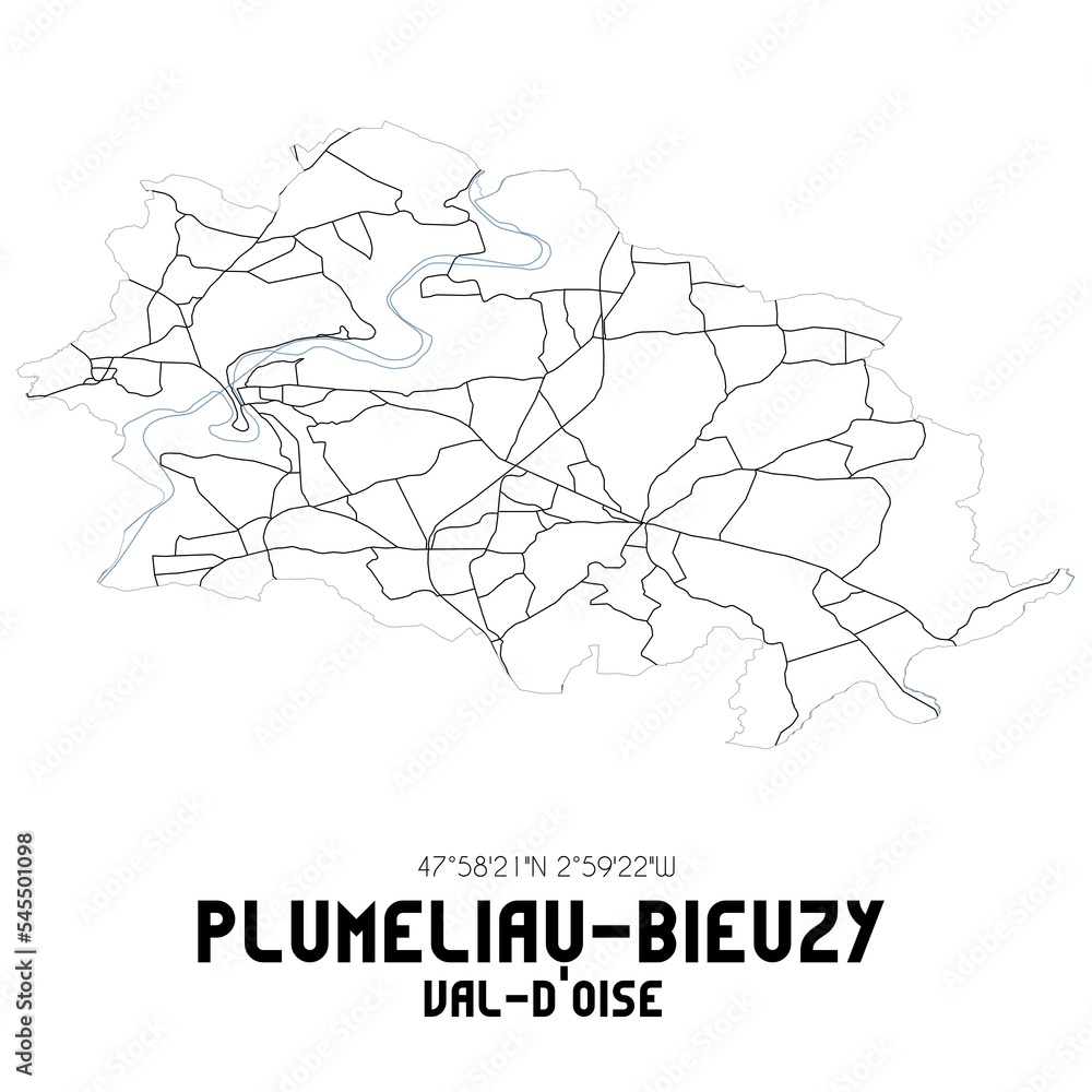 PLUMELIAU-BIEUZY Val-d'Oise. Minimalistic street map with black and white lines. PLUMELIAU-BIEUZY Val-d'Oise. Minimalistic street map with black and white lines.