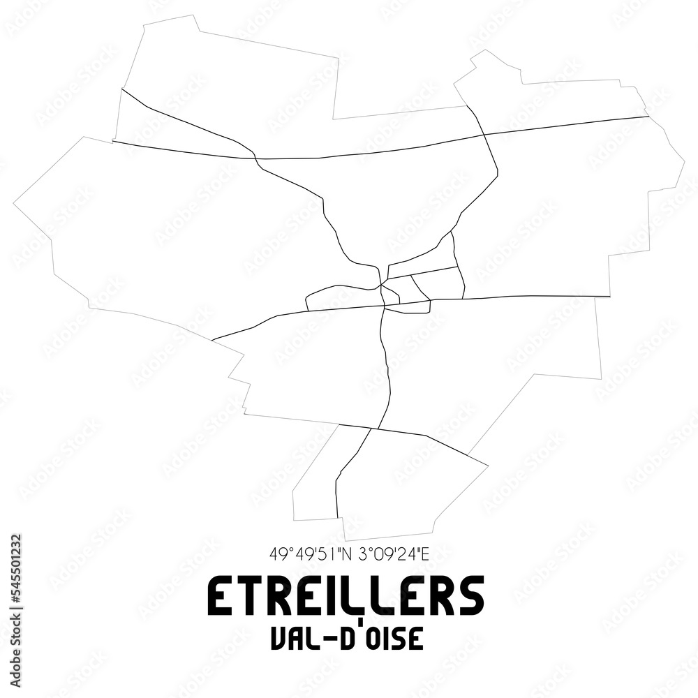 ETREILLERS Val-d'Oise. Minimalistic street map with black and white lines. ETREILLERS Val-d'Oise. Minimalistic street map with black and white lines.