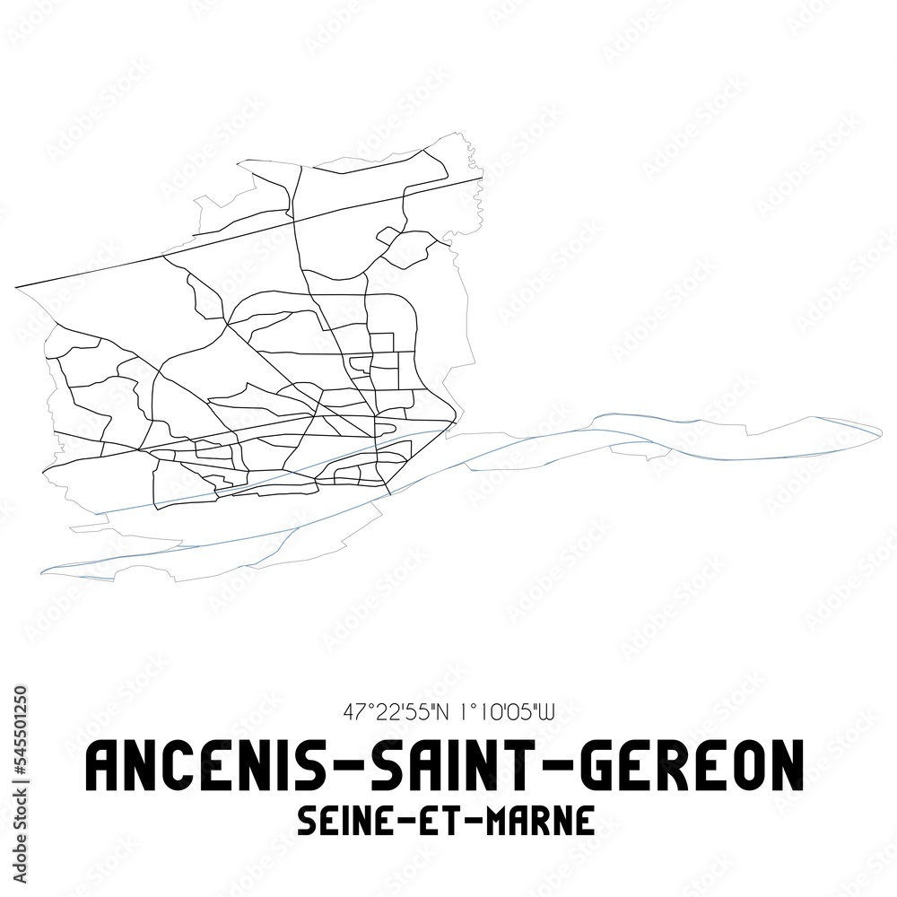 ANCENIS-SAINT-GEREON Seine-et-Marne. Minimalistic street map with black and white lines.