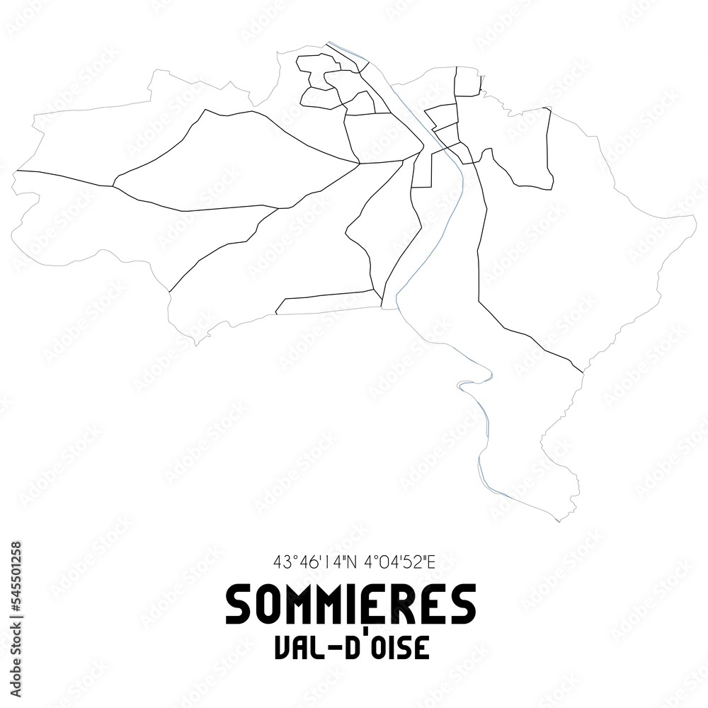 SOMMIERES Val-d'Oise. Minimalistic street map with black and white lines. SOMMIERES Val-d'Oise. Minimalistic street map with black and white lines.