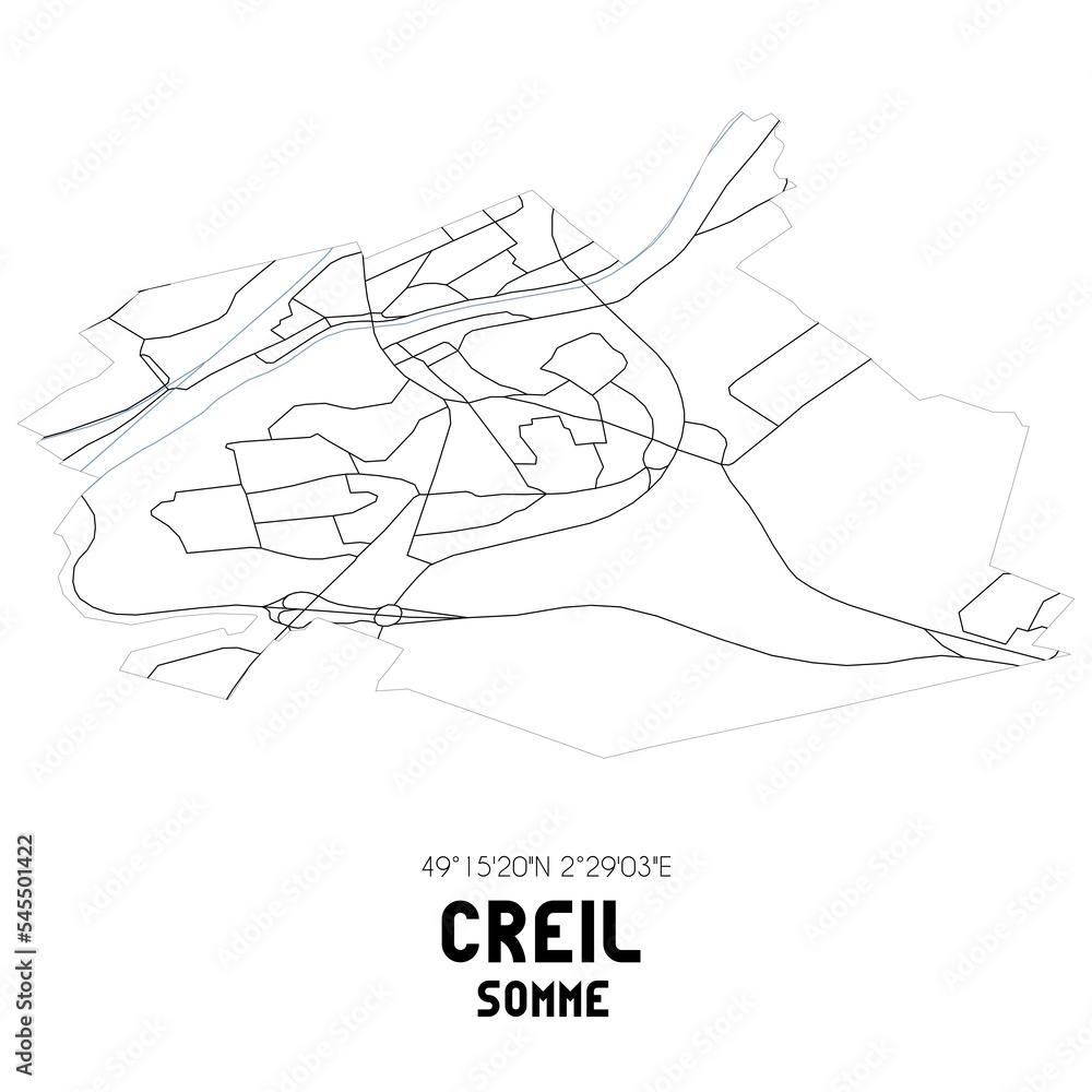 CREIL Somme. Minimalistic street map with black and white lines.