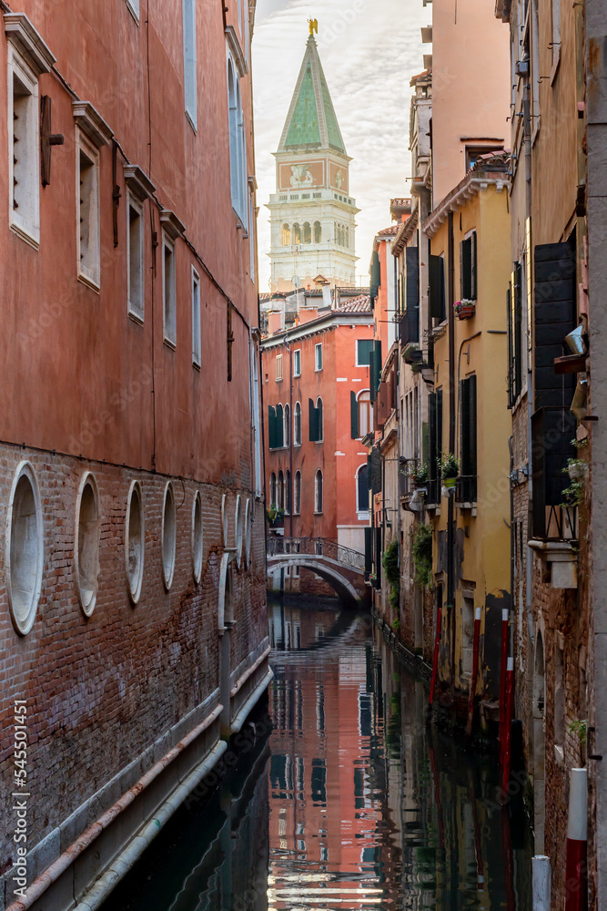 Campanile tower and Venice canals, Italy