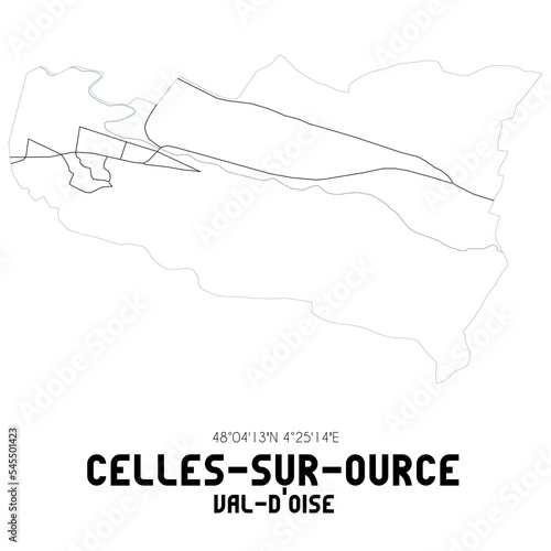 CELLES-SUR-OURCE Val-d Oise. Minimalistic street map with black and white lines.